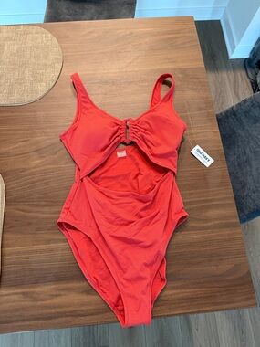 Old Navy Coral-Red Cutout One-Piece Swimsuit with Ring Detail